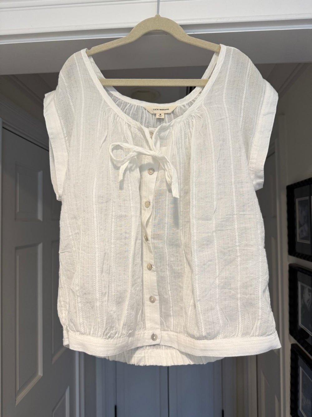Lucky Brand Cream Button-Front Tie-Neck Blouse